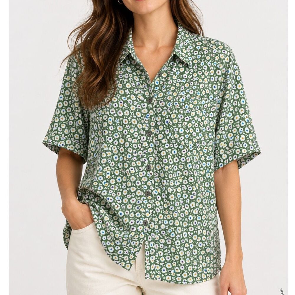 Oat New York Green Floral Button Up Tunic Shirt Large Women